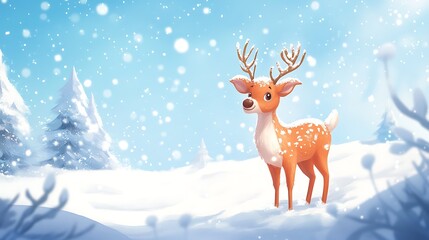 Playful cartoon reindeer standing in a bright snow-filled festive holiday scene with soft snow