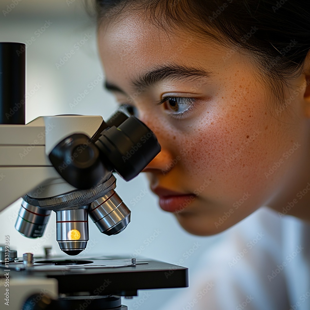 Poster a photo of a student using a microscope to examine a slide, displaying intense concentration. the sc