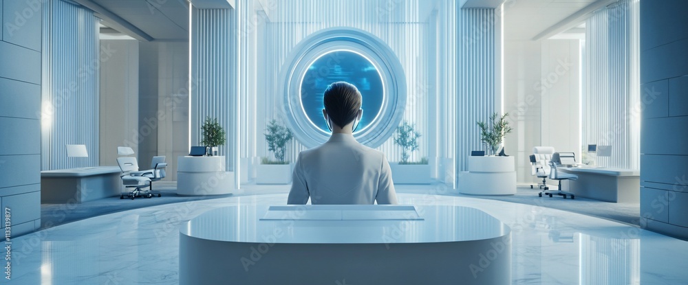 Poster a person in a modern office setting, facing a large circular display.