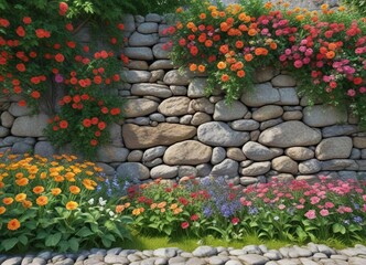 Old stone wall surrounded by lush greenery and colorful flowers, countryside scenery, herb garden