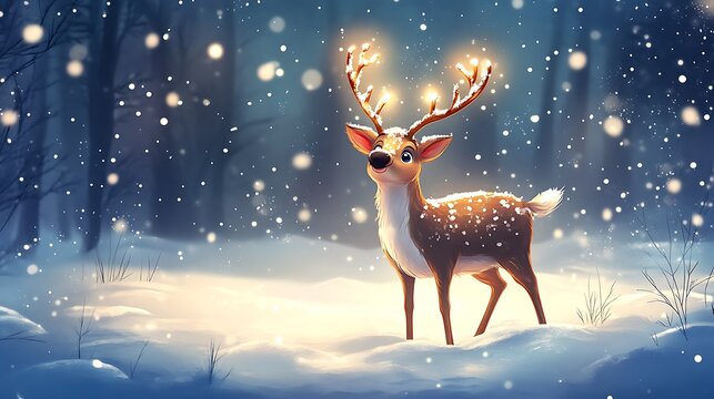 Happy cartoon reindeer in a snowy festive holiday winter environment with soft glowing snow