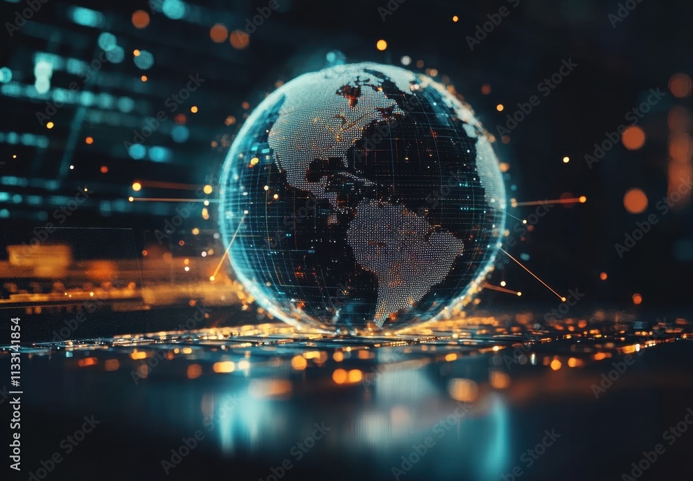 Poster a digital globe with glowing connections and data points on the background of an open laptop keyboar