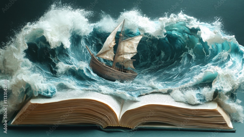 Poster a creative depiction of a wooden ship sailing through large, animated waves that rise from the pages