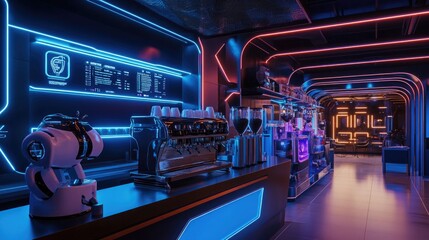 Naklejka premium Neon lit futuristic cafe with robotic baristas and stunning design