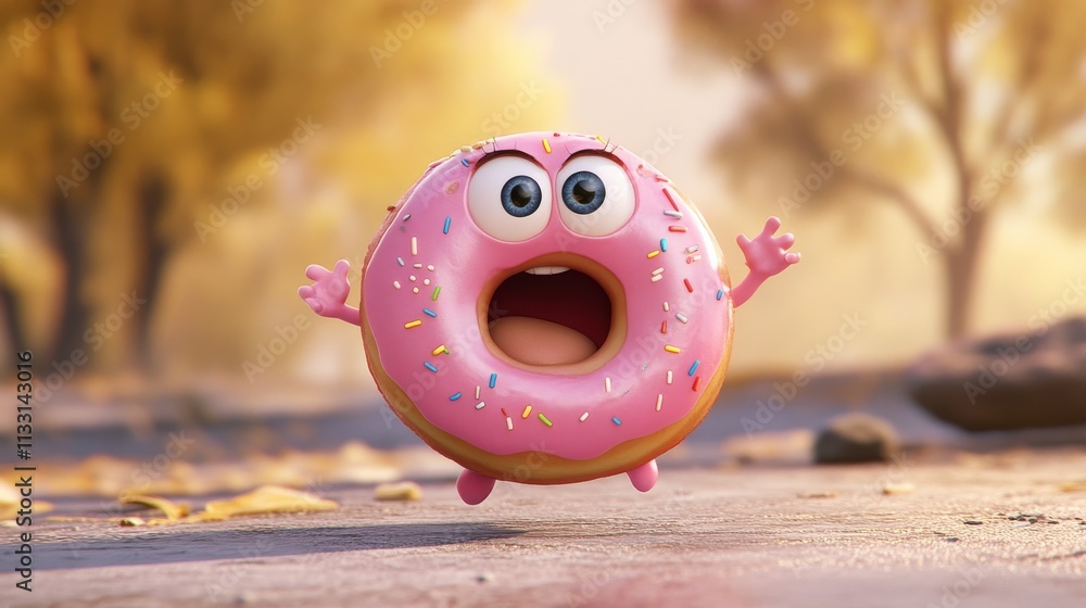 Poster a 3d-rendered pink frosted donut character with sprinkles, showing a surprised expression while stan