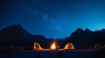 A serene night camping scene with tents and a campfire under the stars.