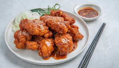 Fototapeta premium Korean-Style Fried Chicken with Spicy Gochujang Sauce