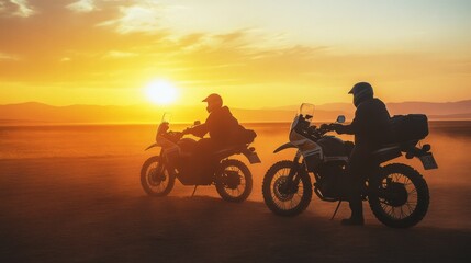 Obraz premium Two motorcyclists pause on a desert plain, silhouetted against a vibrant sunset sky, surrounded by golden dust.