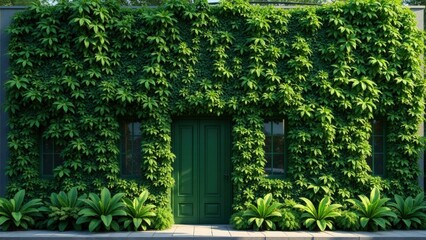 Green house facade adorned with lush greenery, inviting ambiance, contemporary style, copy space