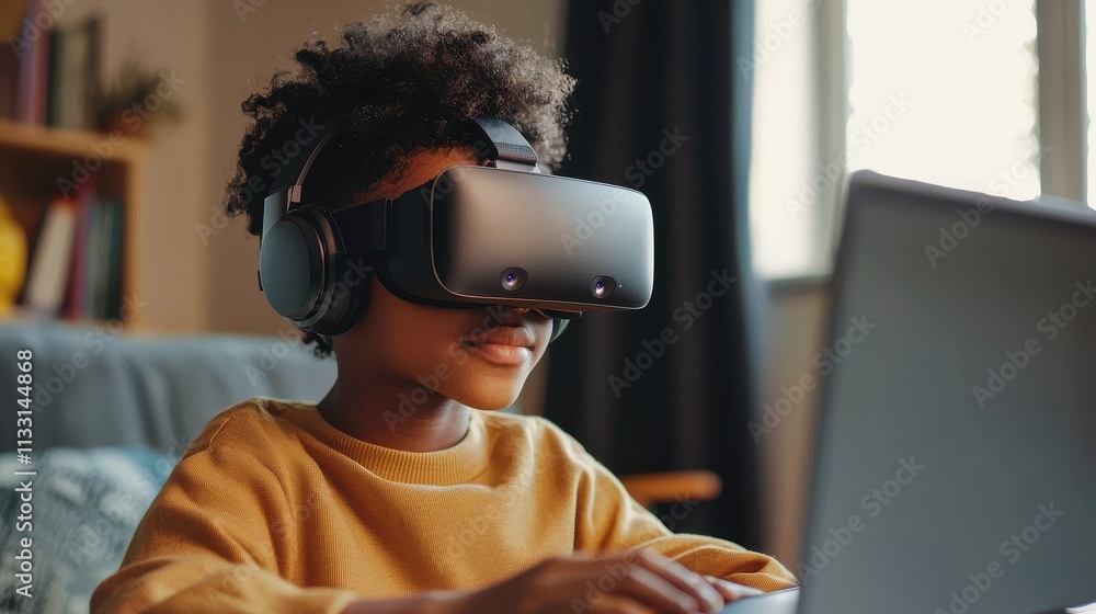 Poster student engaged in adaptive learning using ai tools in a virtual environment with headset and laptop