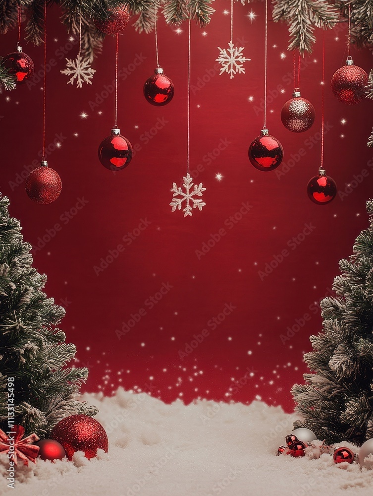 Poster a red background with a white snow-covered ground and a red tree with snow on it
