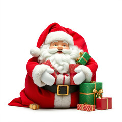 A classic red Santa Claus gift bag filled with wrapped presents, isolated on a white background.