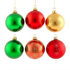 A set of colorful Christmas baubles and ornaments in red, gold, and green, isolated on a white background.