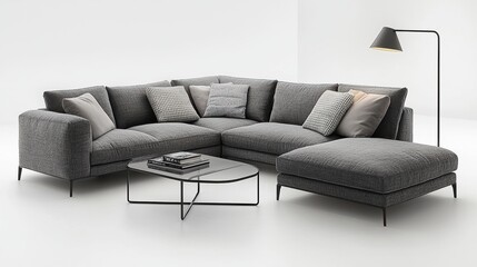 Fototapeta premium Living room Modern Furniture A living room with a sleek gray sofa, a minimalist glass coffee table, and a stylish floor lamp, creating a contemporary and sophisticated look.
