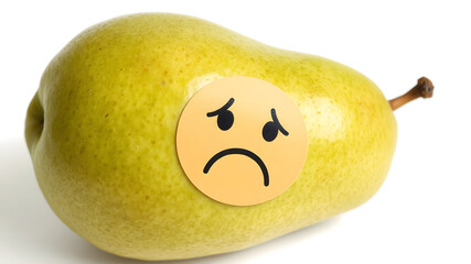 A green pear with a sad face sticker pasted on its textured surface, the glossy skin reflecting light naturally, isolated on a clean white background, ultra-clear in 8K