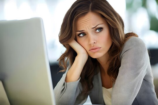 Pensive young woman sitting at her desk, resting her head on her hand, staring thoughtfully at her computer screen in a bright modern office setting