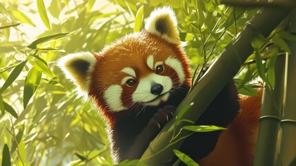 Fototapeta premium Cute Red Panda Surrounded by Lush Bamboo in a Sunlit Forest Scene