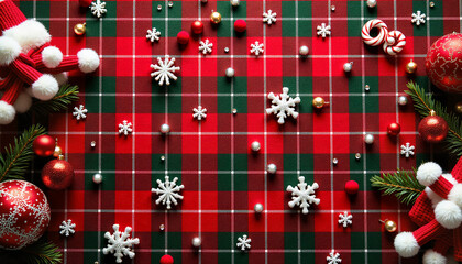 Red tartan Christmas fabric with snowflakes and ornaments