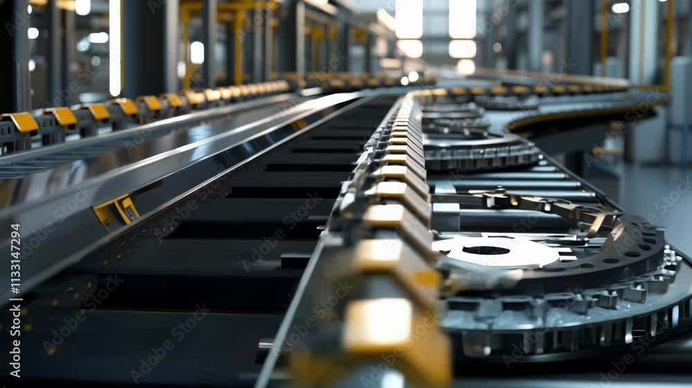 Poster conveyor belt systems operate within an automated factory, showcasing innovative manufacturing proce