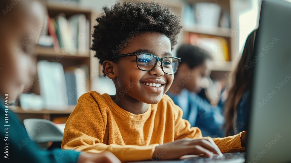 Poster engaging young learner smiling while using digital learning platforms in classroom environment