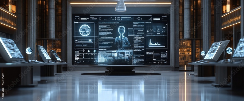 Poster futuristic data analysis room with holographic displays and interactive screens.