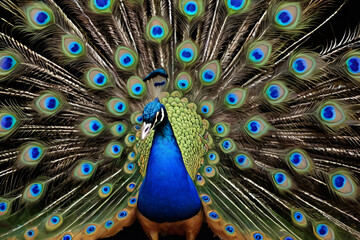 Obraz premium Peacock showing its colorful feathers on black background