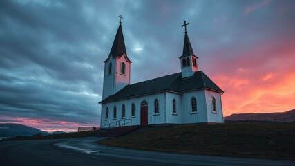 Naklejka premium Langenes Church, Vesteralen, Norway - Stunning Architectural Photography, Vivid Colors, Dramatic Lighting