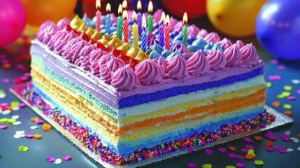 Rainbow Birthday and Celebration Theme A colorful birthday cake decorated with rainbow frosting, sprinkles, and candles, with balloons and confetti in the background.