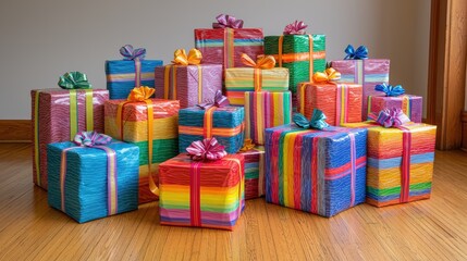 Rainbow Birthday and Celebration Theme A pile of wrapped birthday presents decorated with rainbow ribbons and bows, ready for a celebration.