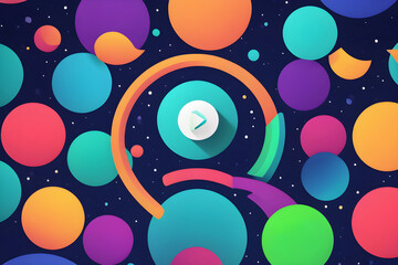 Play button floating over colorful circles and abstract shapes in digital universe