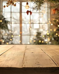 wooden table with Christmas decorations and warm lights in a cozy indoor setting, background