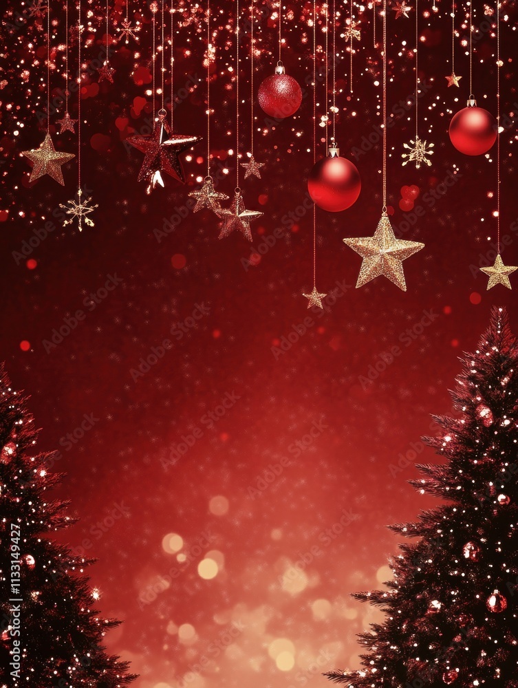 Aufkleber a red background with a tree and a star hanging from it