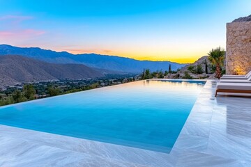Obraz premium A luxury estate with a tennis court, manicured gardens, and a poolside cabana, set under a golden sunset