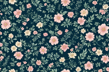 Seamless floral pattern blooming with pink and white flowers on dark background