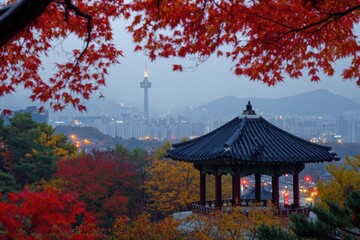 Obraz premium Iconic Seoul Skyline Featuring Gyeongbokgung Palace and Namsan Tower in South Korea