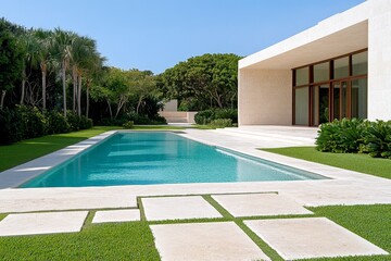 A minimalist design of a modern estate with clean lines, large windows, and a small pool, isolated on a neutral background
