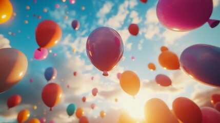 Fototapeta premium Colorful Balloons Soaring in a Sunset Sky: A Celebration of Joy and Freedom