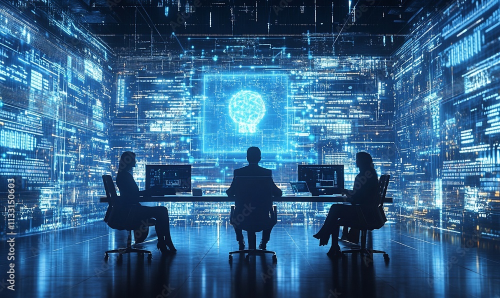 Poster three individuals engaged in a tech-focused discussion in a futuristic setting.