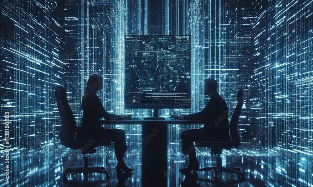 Poster two figures engaged in discussion amidst a digital, data-driven environment.