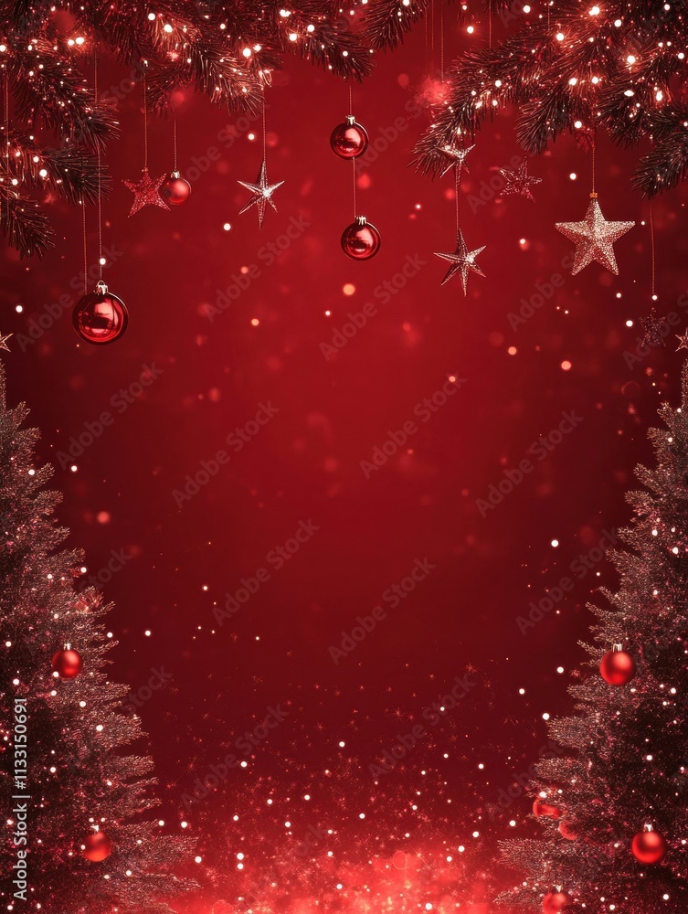 Aufkleber a red background with a tree and a bunch of red ornaments hanging from it