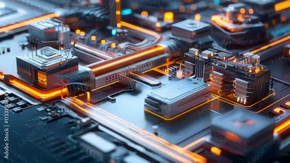 Poster futuristic factory showcasing glowing processors on a circuit board, highlighting innovative manufac