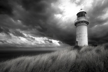 Lighthouse Standing Tall Amidst Cloudy Skies: A Symbol of Guidance and Safety Over Gentle Grass