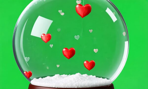  A snow globe with heart-shaped flakes swirling inside.green screen