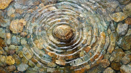 serene Ripple Around Stone Several stones in shallow water, with concentric ripples emanating from each, creating a mesmerizing and peaceful pattern.