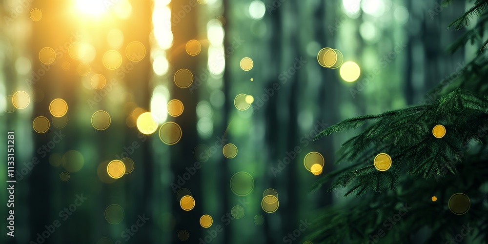 Poster a serene forest scene featuring soft bokeh lights and lush greenery, creating a tranquil and magical