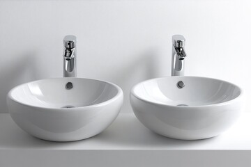 Fototapeta premium Sleek Minimalist Bathroom Featuring Modern Chrome Faucets and Elegant Ceramic Sinks
