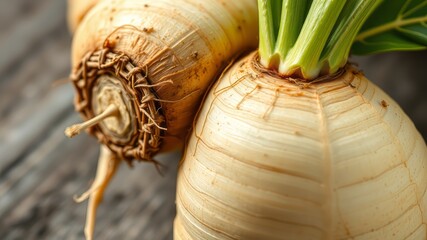 Fototapeta premium Parsnip Root with Leaf - High-Resolution AI Photo, Detailed Close-up, Bright Lighting, Natural Mood