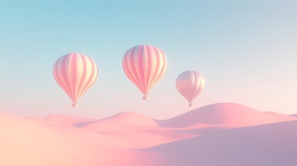 Obraz premium Three pastel balloons drift peacefully over serene pink dunes under a soft, pastel sky, evoking a dreamlike and tranquil escape.
