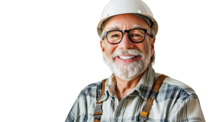 American caucasian senior male engineer with safety helmet on white background
