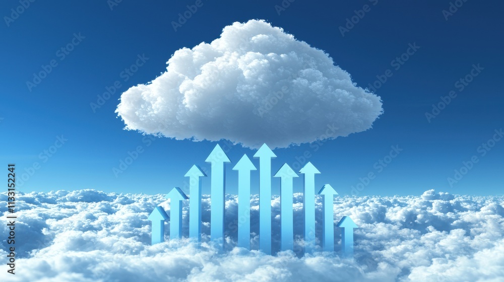 Poster cloud icon a stylized cloud icon with upward arrows, representing data upload to a cloud server, aga